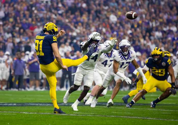 Dec 31, 2022; Glendale, Arizona, USA; Michigan Wolverines punter Brad Robbins (91) against the TCU Horned Frogs during the 2022 Fiesta Bowl at State Farm Stadium. Mandatory Credit: Mark J. Rebilas-USA TODAY Sports